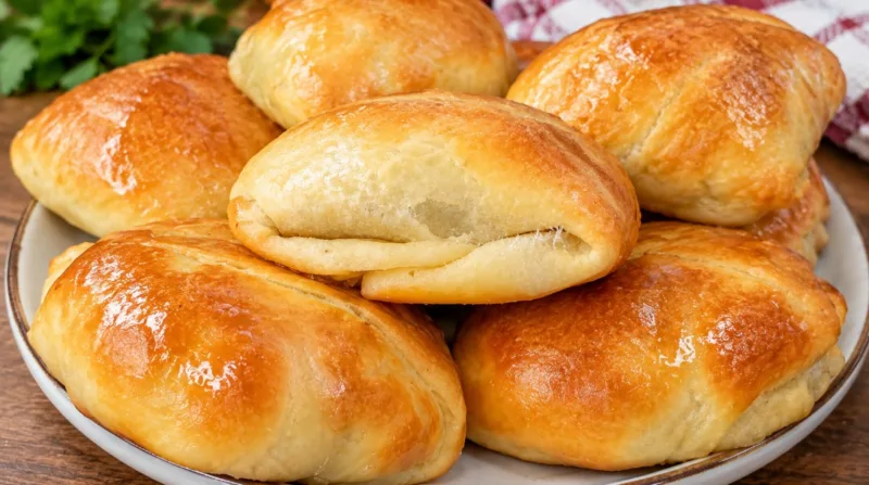 Гора румяной золотистой самсы с блестящей корочкой, выложенная на круглую тарелку на деревянном столе